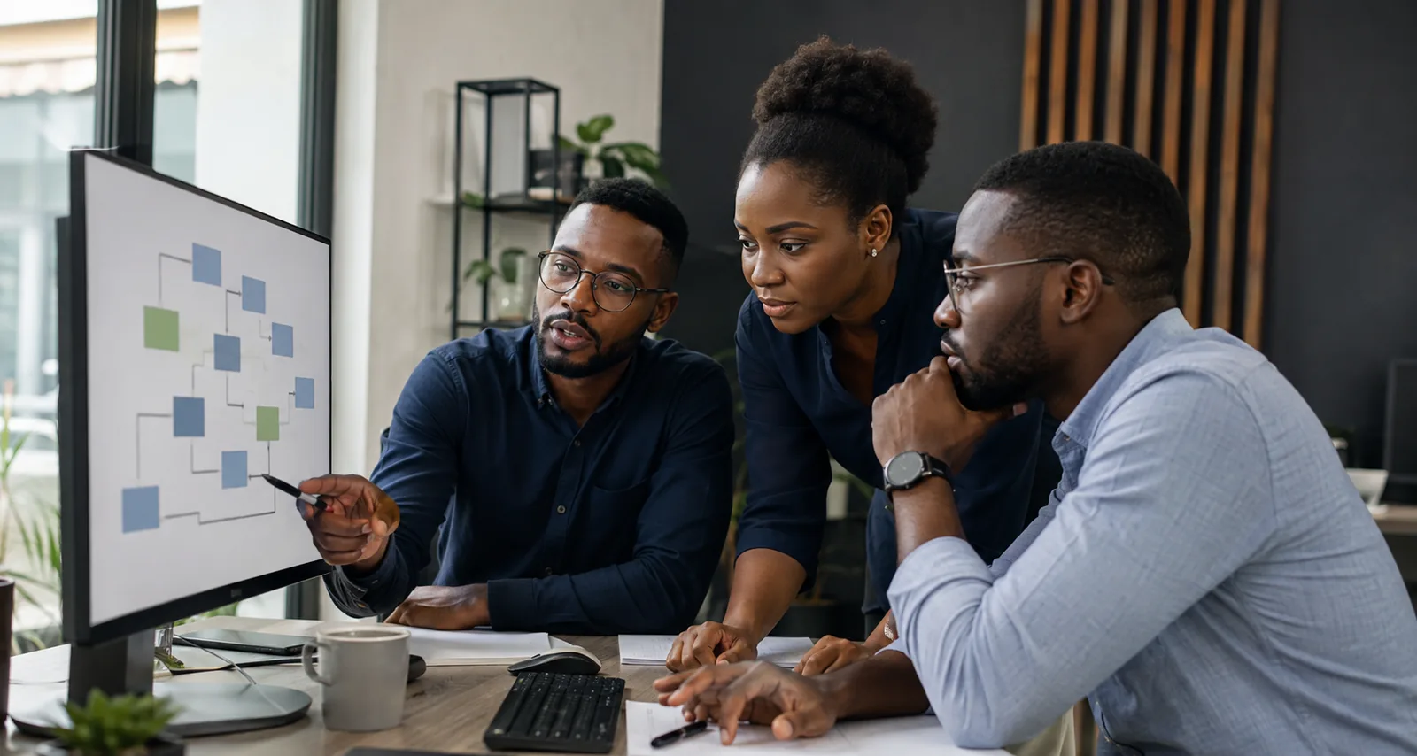 Black technology professionals reviewing a digital workflow in a modern office