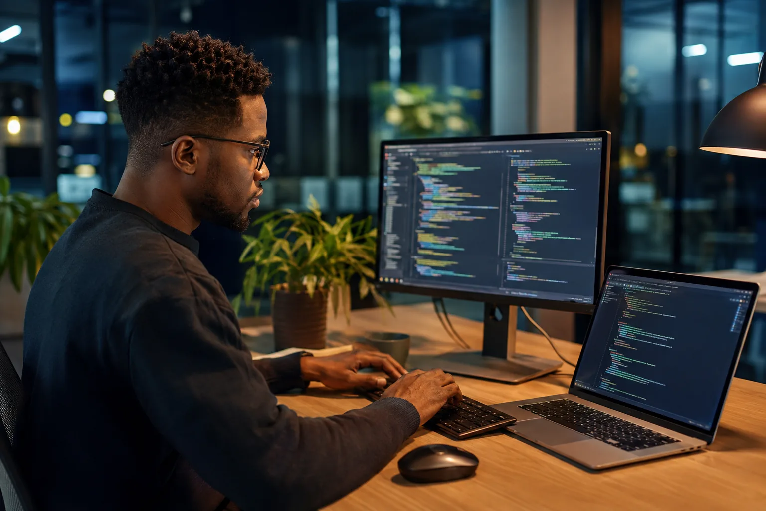 Black developer working on a website project in a modern office environment