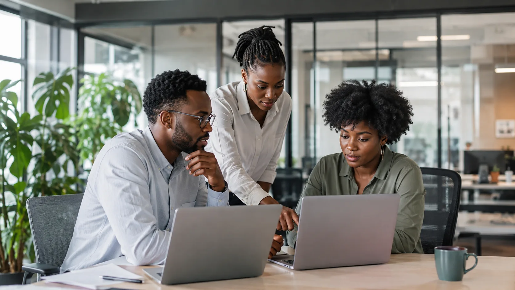 Black technology professionals discussing a digital project in a modern office