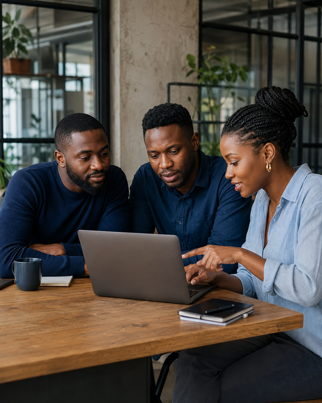 Black professionals collaborating around a laptop